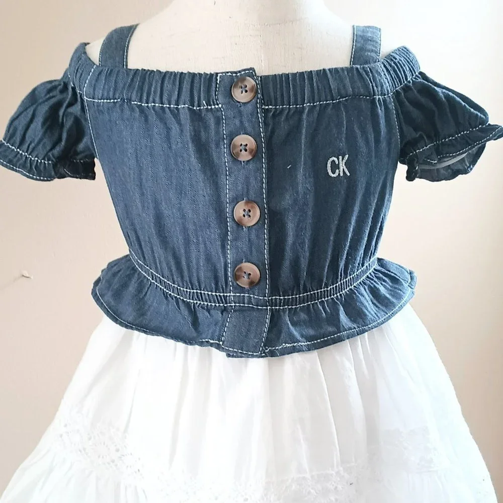 Calvin Klein Denim & Eyelet Peplum Dress 12M White Off Shoulder Peasant